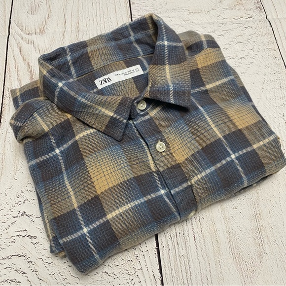 Zara Casual plaid Blue and Tan Checkered long sleeve button down Shirt - Picture 1 of 10
